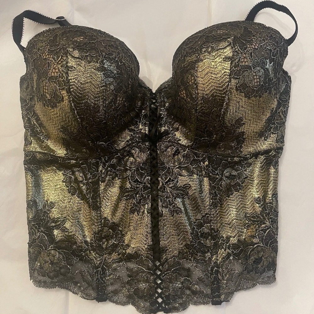 Victoria’s Secret Metallic Black Lace Bronze Gold Corset Size 36D Floral